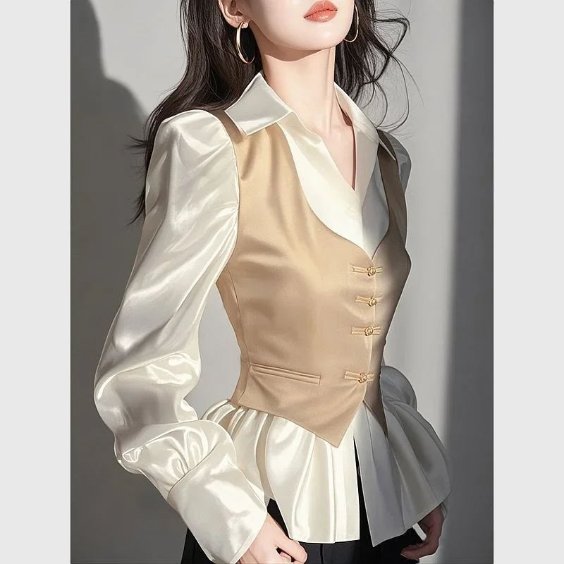 الكورية الضفدع أزرار قميص للنساء الكلاسيكية طويلة نفخة الأكمام كاذبة قطعتين الساتان قميص أنيق سليم المرقعة بلوزة