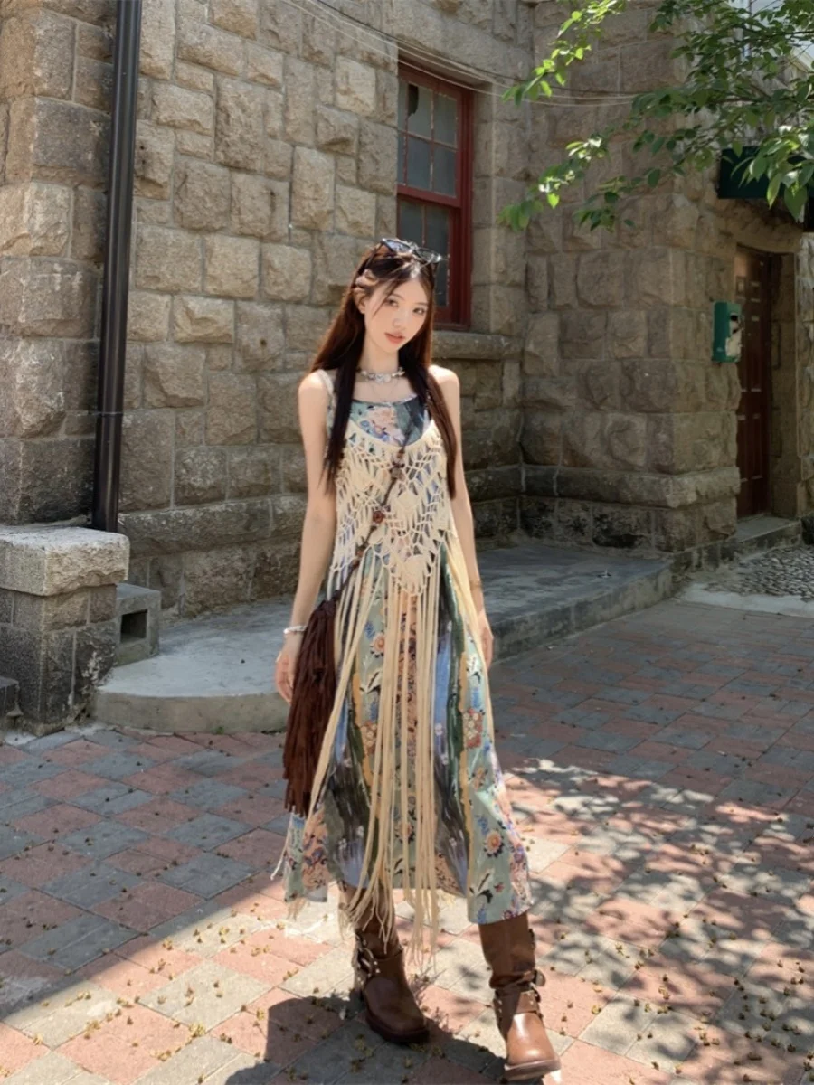 Efeito de emaecimento verão novo estilo tema de férias vestido f moda borla oco tecelagem camadas material de seda s...