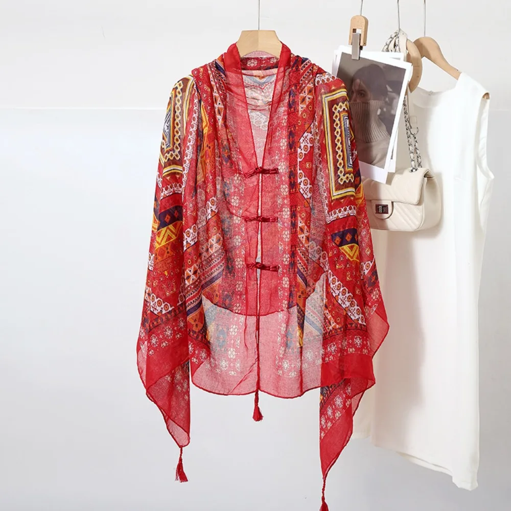 

Elegant Knot Button Sunscreen Scarf Shawl Paisley Tassels Cardigan Cape Large Soft National Style Cloak Beachside