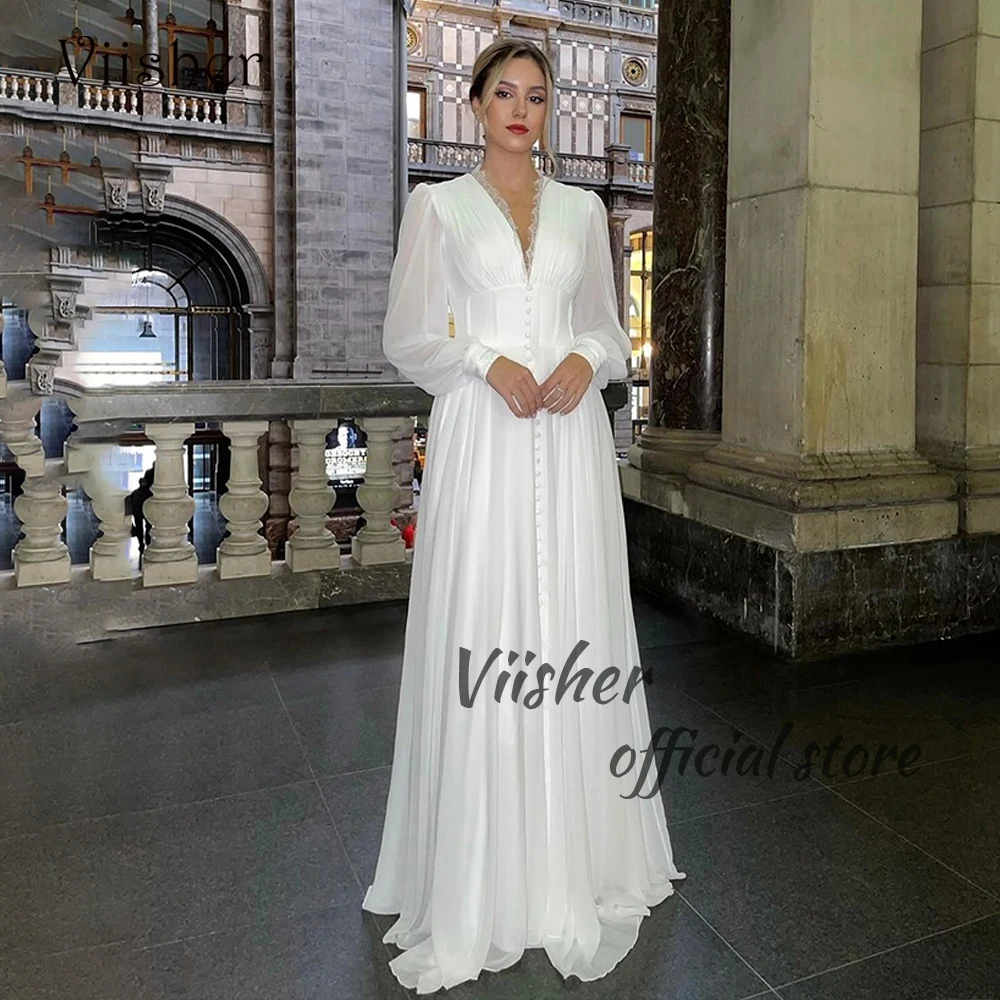 

Viisher White Chiffon Lace Evening Dresses for Women V Neck Long Sleeve Prom Dress Arabian Dubai Evening Party Gowns Zipper Back