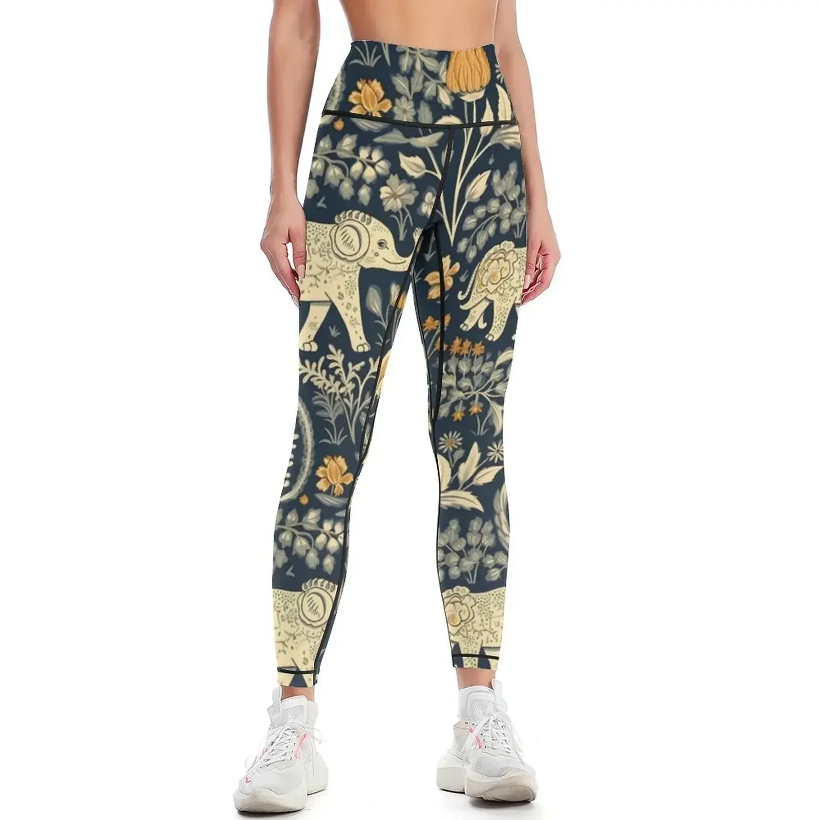 

William Morris-inspired Orange Floral on Deep Blue Background With Pale Yellow Elephants Leggings sportswear gym Womens Leggings