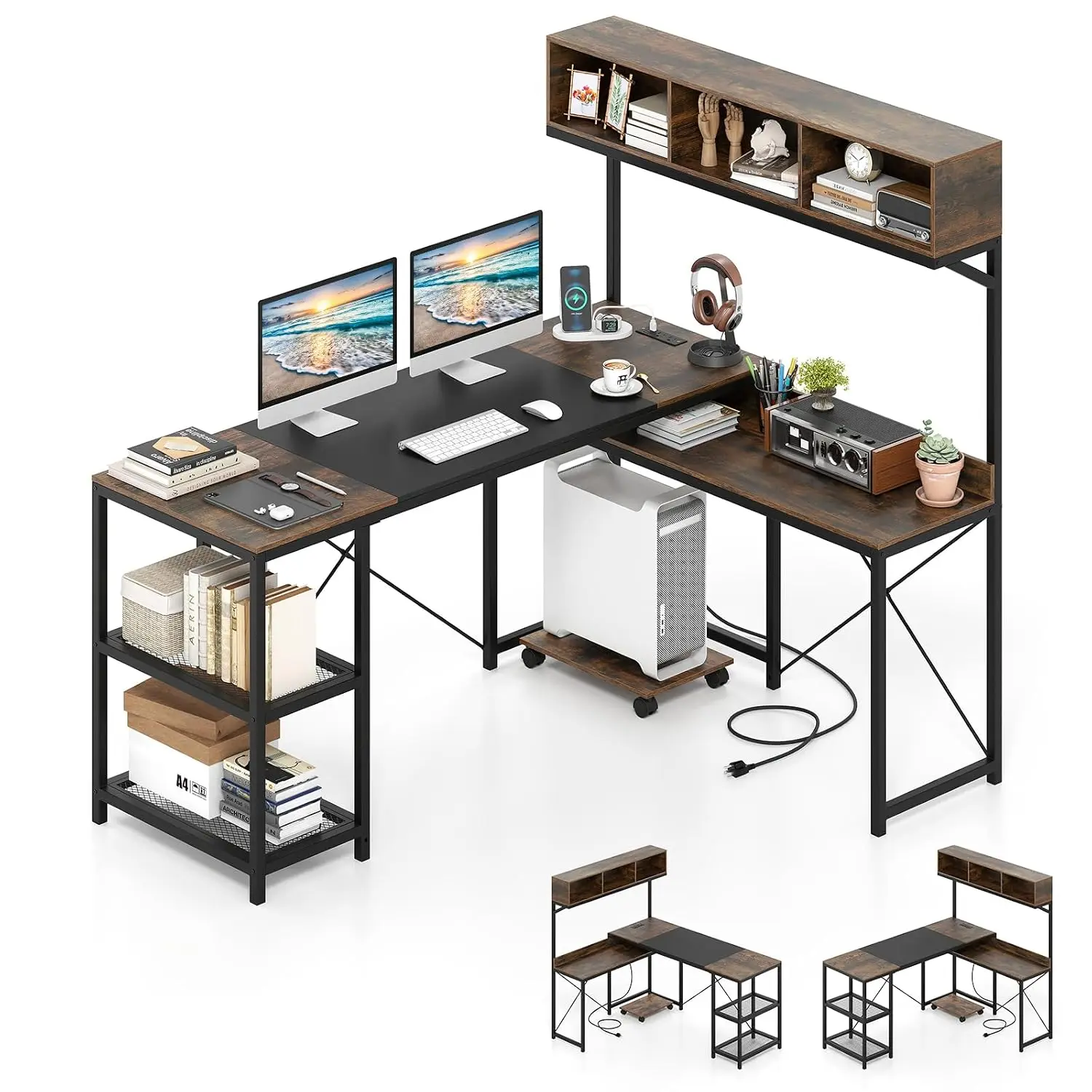 L Shaped Computer Desk with Charging Station & Storage Shelves, Reversible Corner Desk for Home Office, 62 Inch, Customized