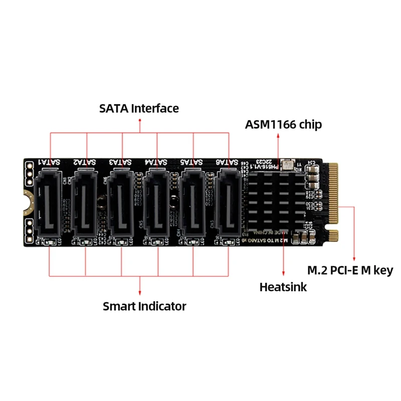 M.2 NVME PCI-E PCIE X4 X8 X16 To 6 Port 3.0 SATA Adapter Card Riser ASM1166 Chassis Server PC Computer Expansion Card, Durable