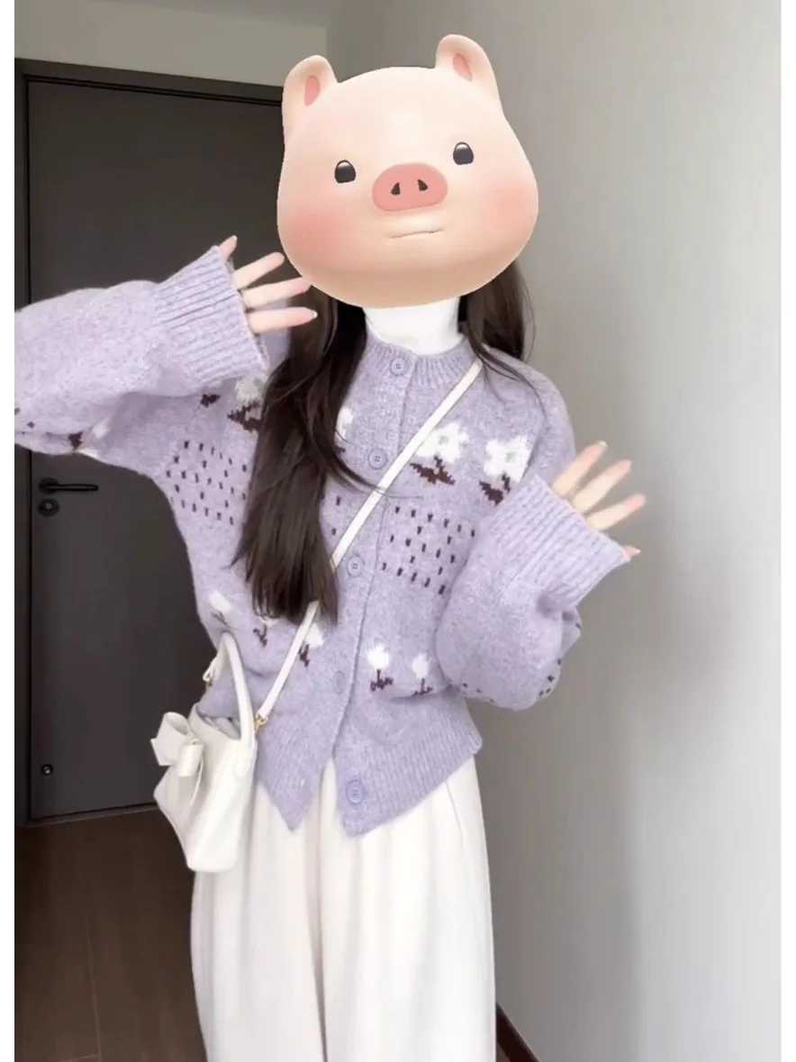 

Фиолетовый вязаный открытый кардиган с цветочной вышивкой, женская длинная верхняя одежда Sve, милый антивозрастной сезон весна-осень Sle