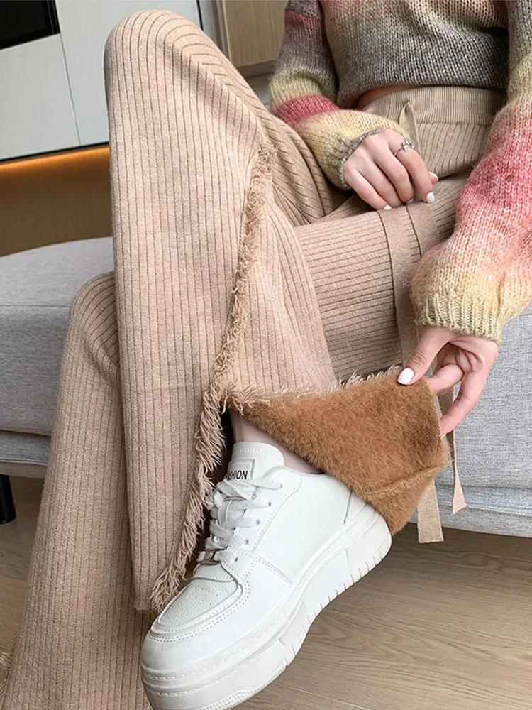 

Knitted Bootcut Pants Women Winter High Waist Flare Trousers Female Slit Casual Knitwear Bell Bottoms Korean Streetwear