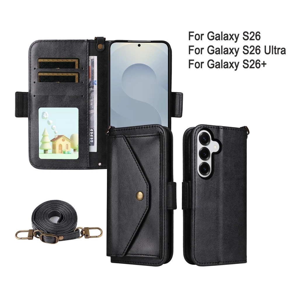 

With Lanyard Crossbody TPU Cowhide Leather Phone Case For Samsung Galaxy S26 5G / Galaxy S26 Ultra 5G / Galaxy S26 Plus 5G