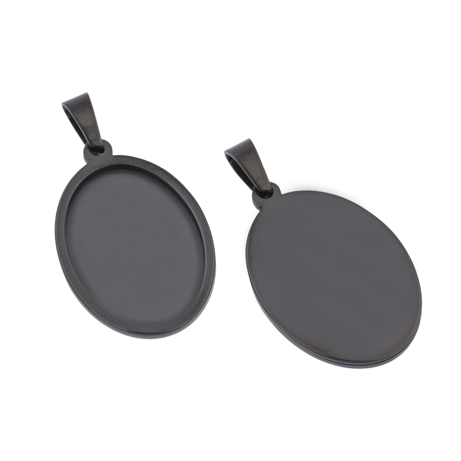 5pcs Stainless Steel Black Oval Cabochon Setting Trays 18x25mm Diy Bezel Pendant Necklace Blanks For Jewelry Makaing