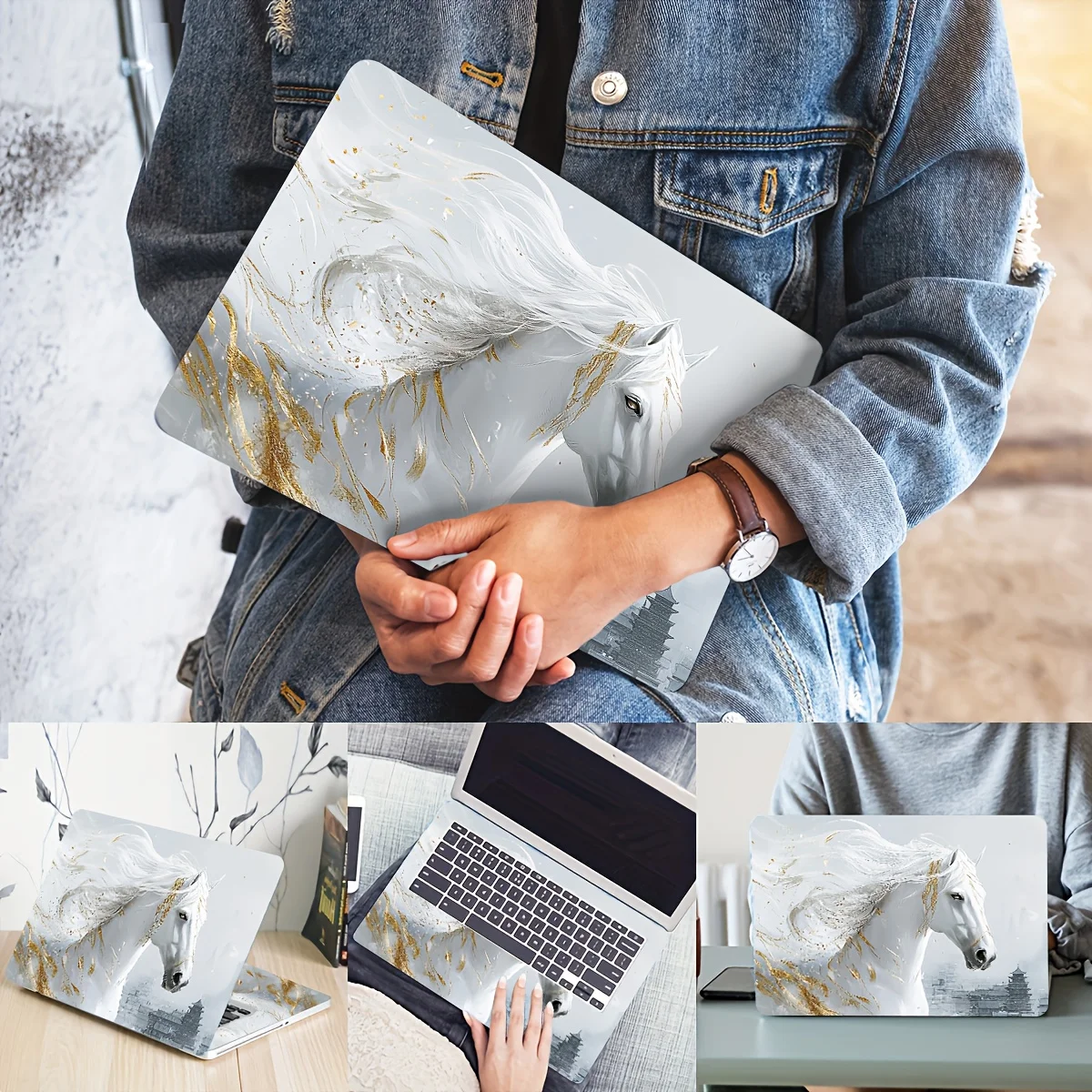 2-piece elegant white horse vinyl laptop skin, scratch resistant PVC sticker, with gold decoration,