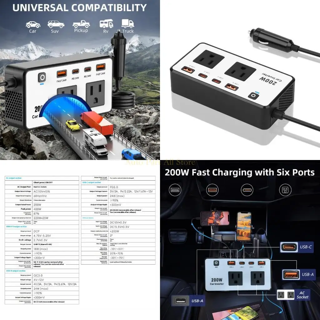 

J0MA 200W CAR Power Inverter DC12V в AC110V с двойными розетками и USB -портами для путешествий