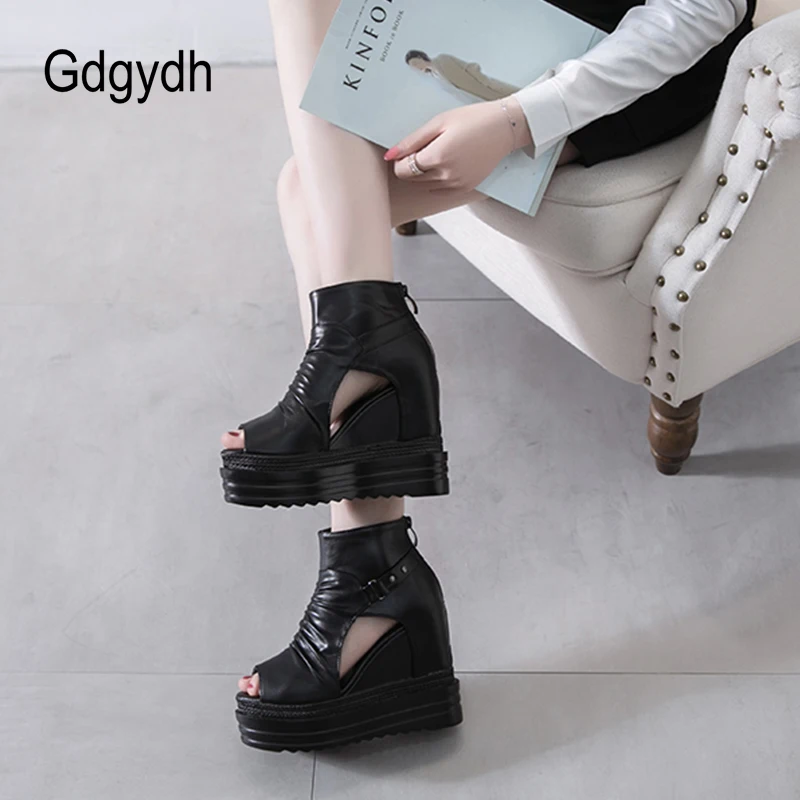 Gdgydh Spring and Summer Open Toe Ankle Boots for Women with Heel Hollow Out Black Wedge Boots Height Increased Korean Japanese