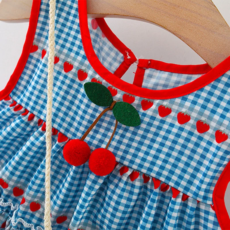 Summer Baby Girl Dress Cute Plaid Strawberry Print Sleeveless Girl Dress Sweet Cherry Girl Princess Dress With Bag