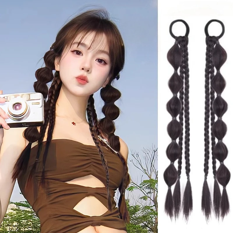 فقاعة مضفر ذيل حصان شعر مستعار اصطناعي تمديد إكسسوارات الشعر للنساء مع الشعر التعادل جديلة ذيل حصان الملاكمة تويست خصلات شعر #1