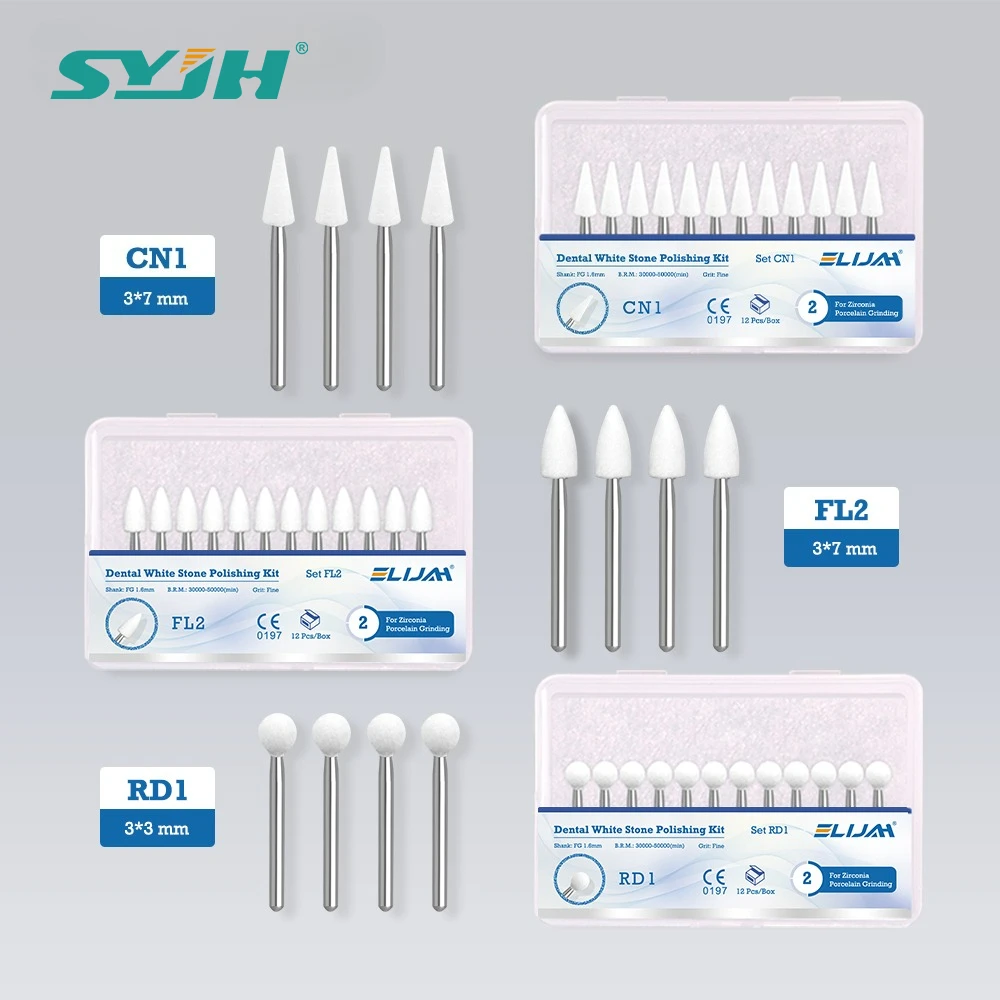

12Pcs/Box Flame/Cone/Round Shape Dental White Stone Polishing Burs for Finishing Porcelain Enamel&Composite Dentistry Instrument