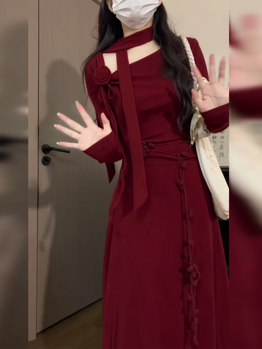 

Red Vintage Chinese Style Long Sleeve Asymmetrical Waist Cinched Dress Women's Autumn Fashion Slimming Long Dress Skirt