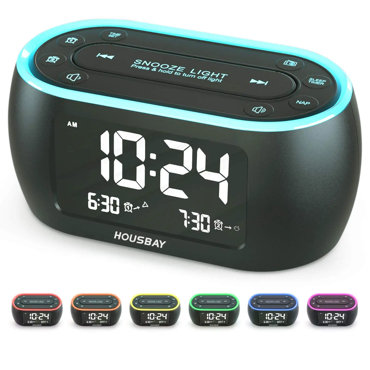 

KERCHAN Glow Alarm Clock FM Radio for Bedrooms with 7 Color Night Light,Dual Alarm,Dimmer,USB Charger,Battery Backup,Nap Timer