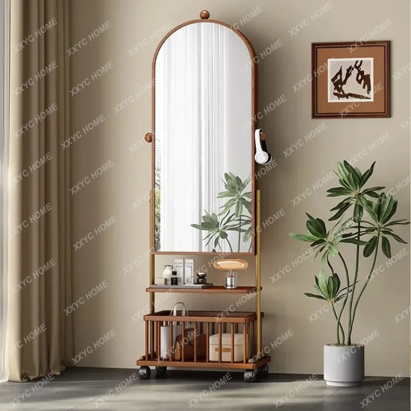 XXSolid wood full-length mirror rotatable magazine rack fitting storage full-length mirror movable household bedroom hanger