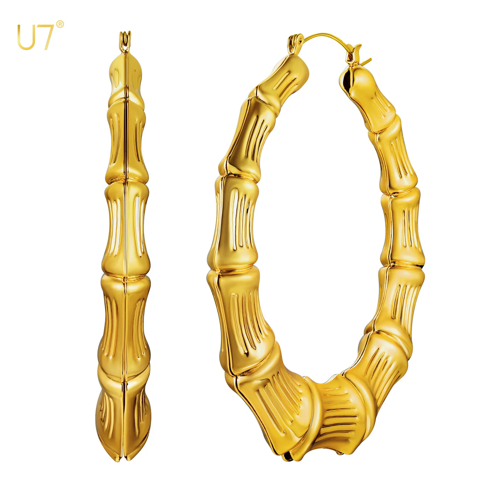 U7 Hyperbole Big 40/60/70/80mm Diameter Bamboo Hoop Earrings for Women 14K Gold Color Geometric Earring Statement Jewelry