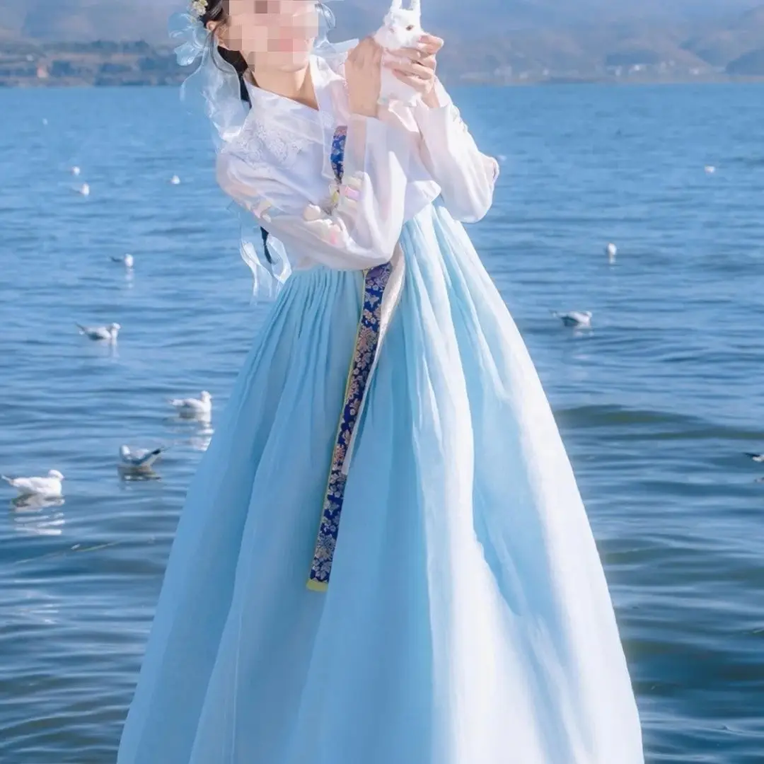 

Yanji Travel Photography Hanbok Blue Gauze Skirt Female North Korean Costume Court Dress Hanbok Elegant Yamato National