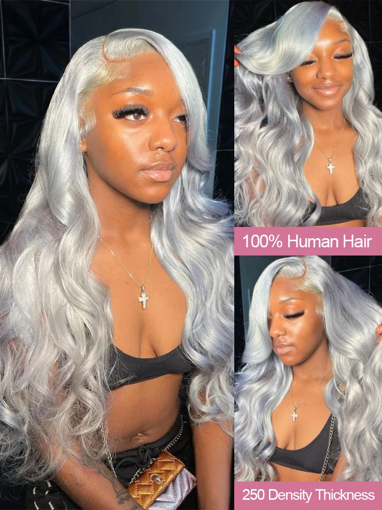 30 40 Inch Silver Grey Colored Body Wave Human Hair 13x6 HD Lace Frontal Wigs 250% Density Lace Front Wig For Women Pre Plucked image 3