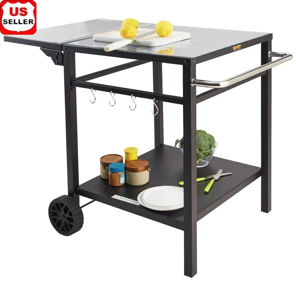 Carro de parrilla multifuncional para exteriores, mesa de preparación plegable, soporte para horno de Pizza y barbacoa, estante doble de almacenamiento, unidad de cocina móvil