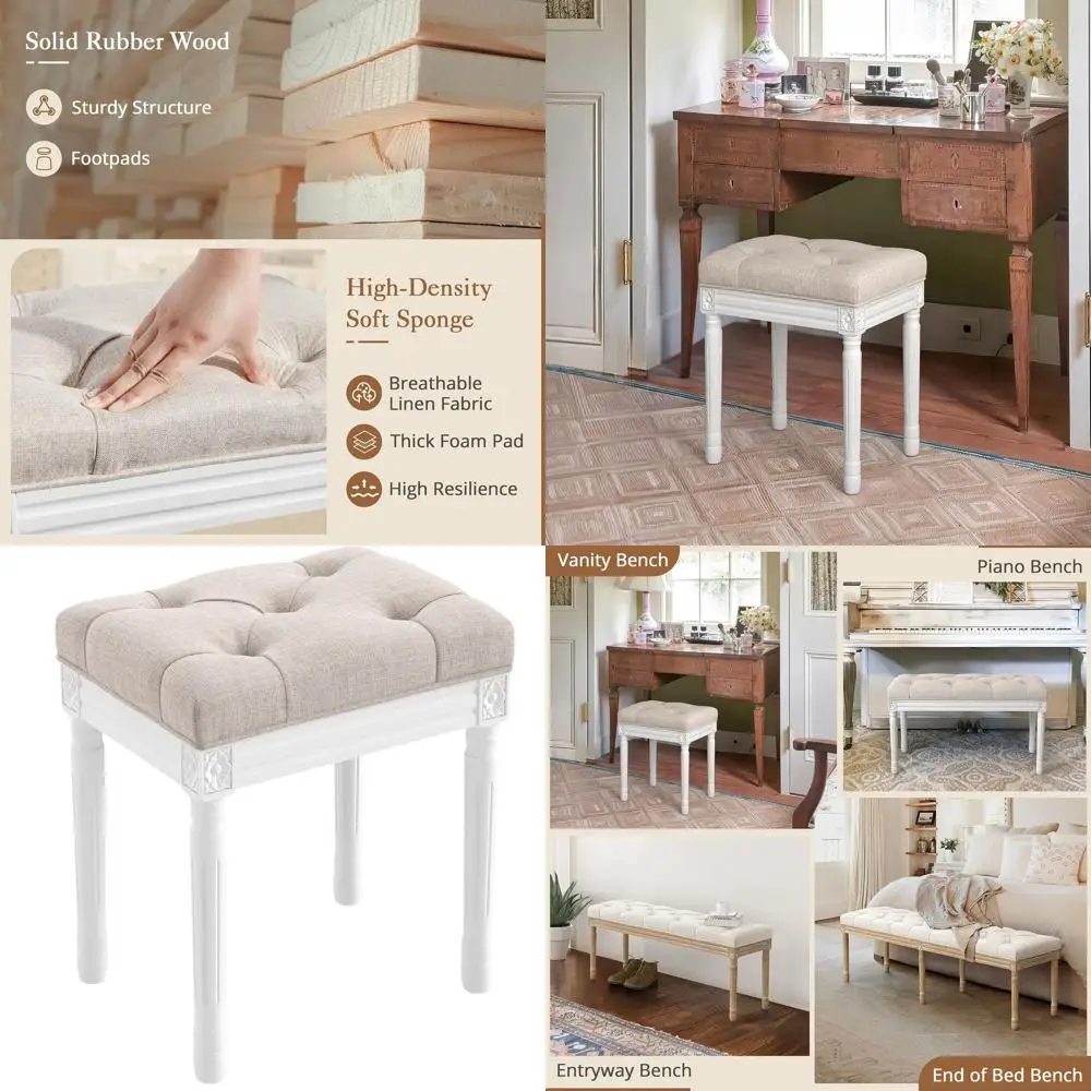 

Linen Tufted Vanity Bench with White Carved Legs for Bedroom and Living Room