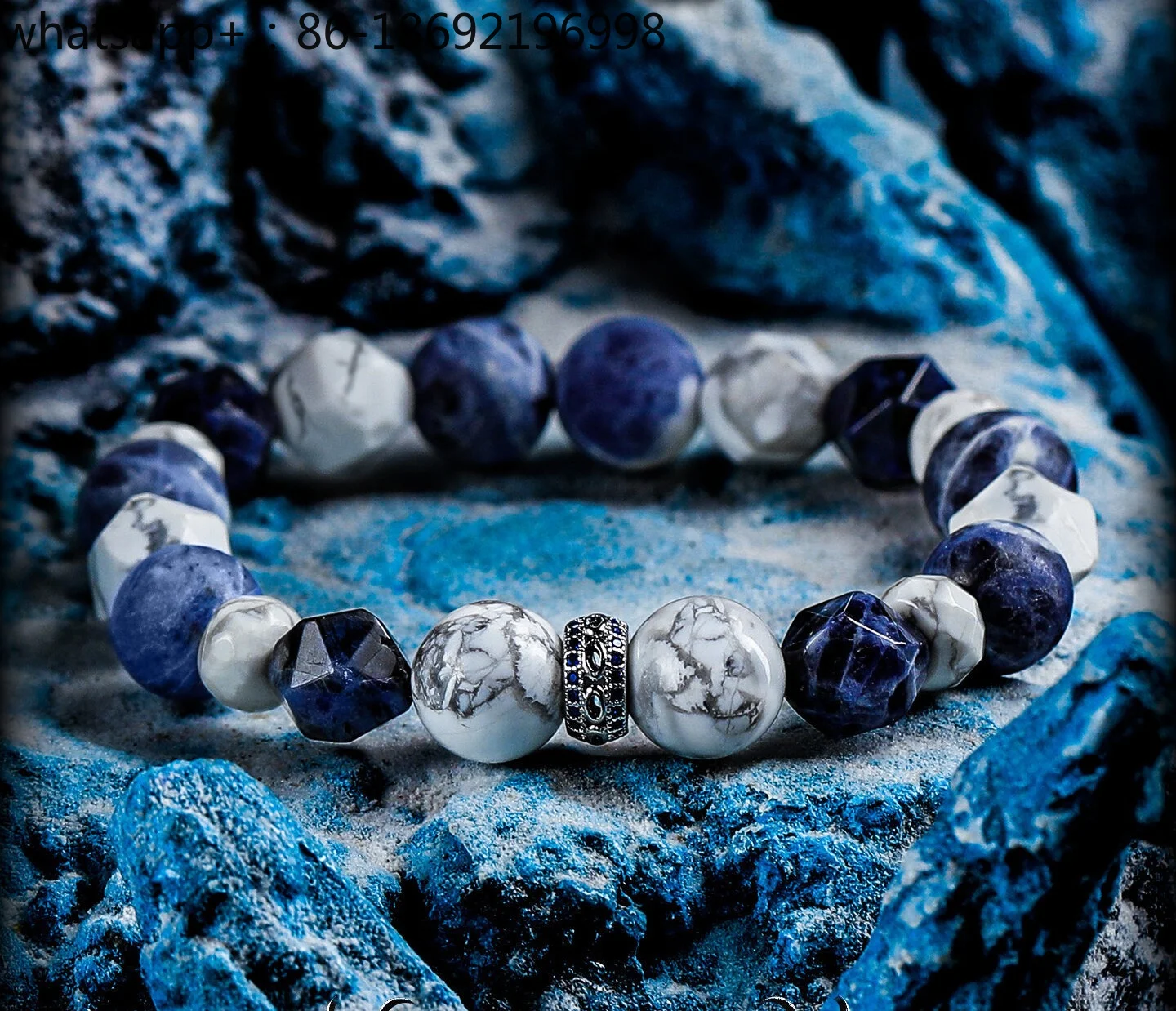

[Lengtong] Natural Blue-patterned Stone Bracelet Men's White-patterned Stone Bracelet Beads Are Versatile