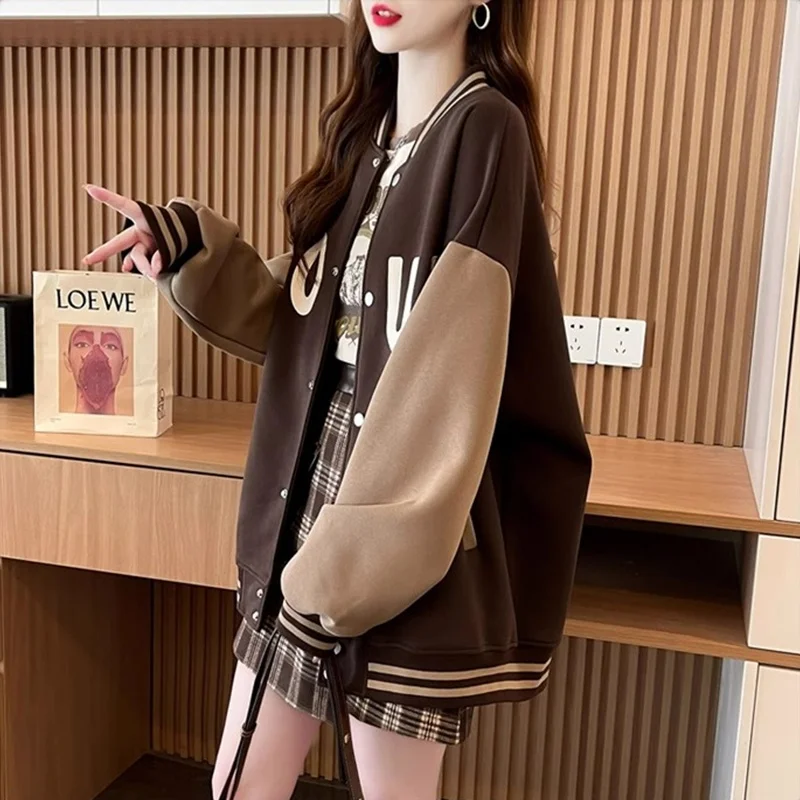 Fashionable Thin Baseball Jacket Cardigan Women's Spring Autumn Large Size Sweatshirt Korean Style round Neck Long Sleeve