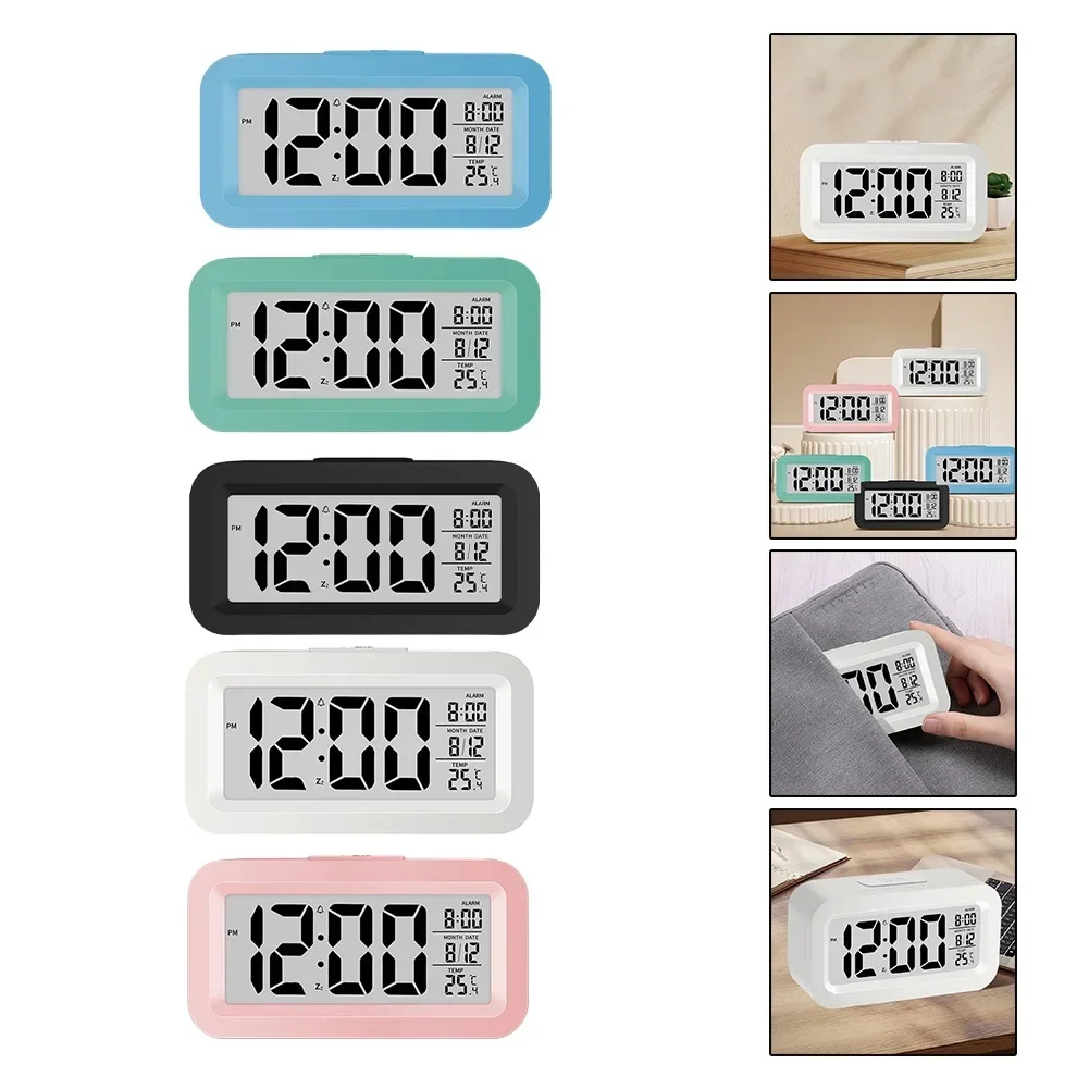 Digital LCD Display Alarm Clock With Calendar Thermometer For Desk Travel Office Decor Gradual Alarm Sound Desktop Table Clock