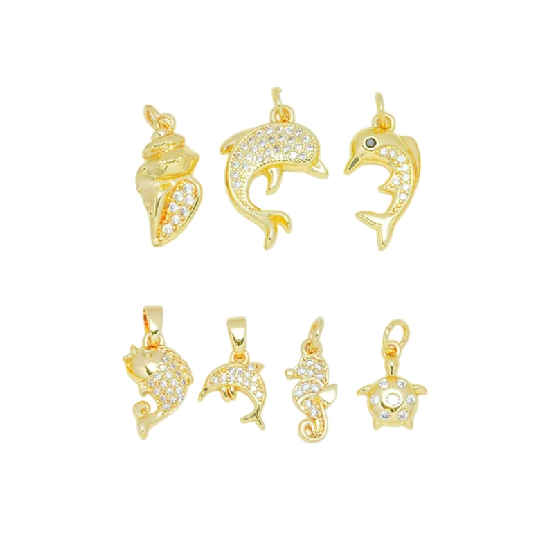 4 Pcs Brass Zircon Connector for Diy Necklace Pendant Bracelet Making Accessorie Conch Turtle Seahorse Fish Sea Creature Jewelry