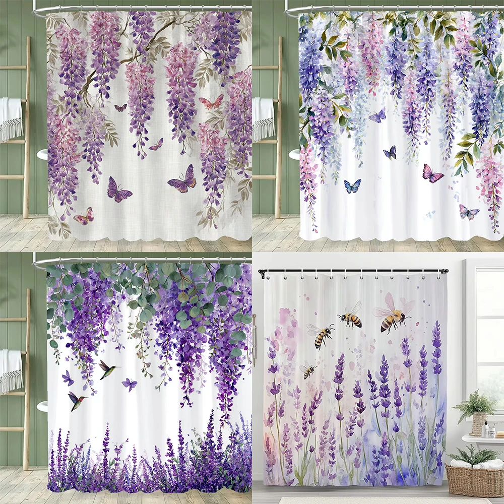 

1pc Purple Flower Printed Polyester Shower Curtain With 12 Plastic Hooks, Bathroom Divider Floral Curtain, Home Decor Curtain