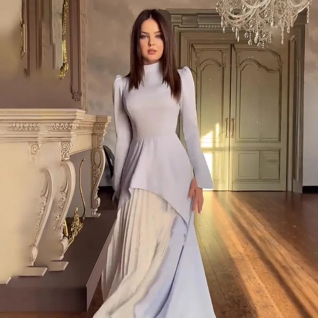 

Элегантное женское вечернее платье макси Голубое вечернее платье с высоким воротом и длинными рукавами с контрастными плиссированными вечерними платьями на шнуровке сзади