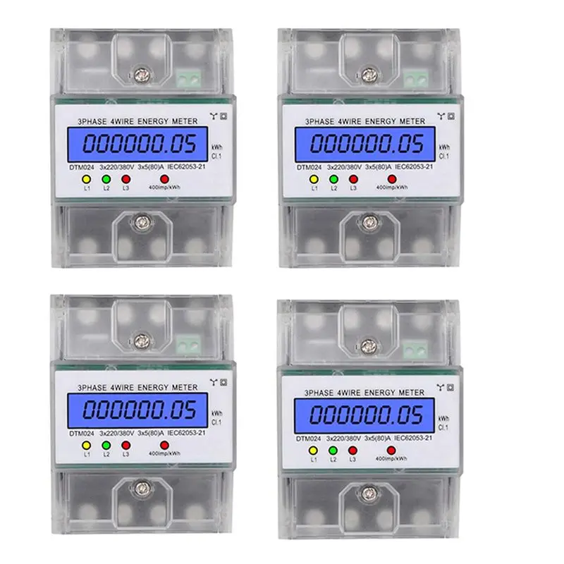 4X 3 Phase 4 Wire Energy Meter 220/380V 5-80A Energy Consumption Kwh Meter DIN Rail Installation Digital Power Meter-A68E