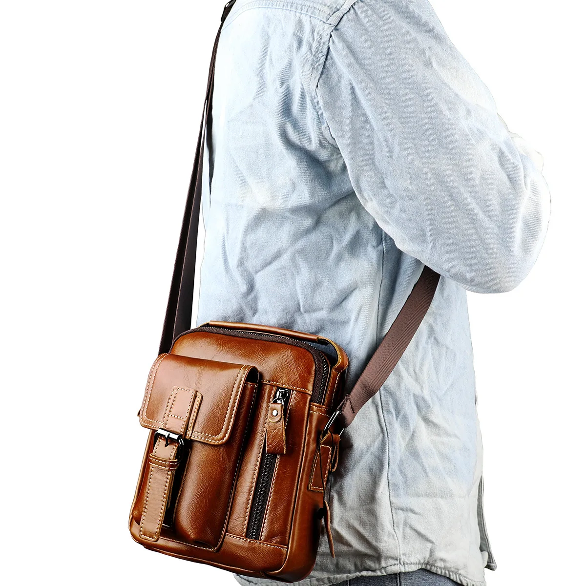 New Manvhandbag Genuine Leather Men's Shoulder Bag Vertical Casual Fashion Trend Small Crossbody Bag For Phone Outdoor