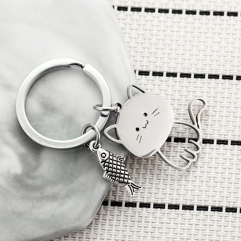 Funny Cartoon Cat Fish Keychain Couple Lovers Stainless Steel Keyring Lovely Pendant Key Chain Valentine's Day Gift Jewelry