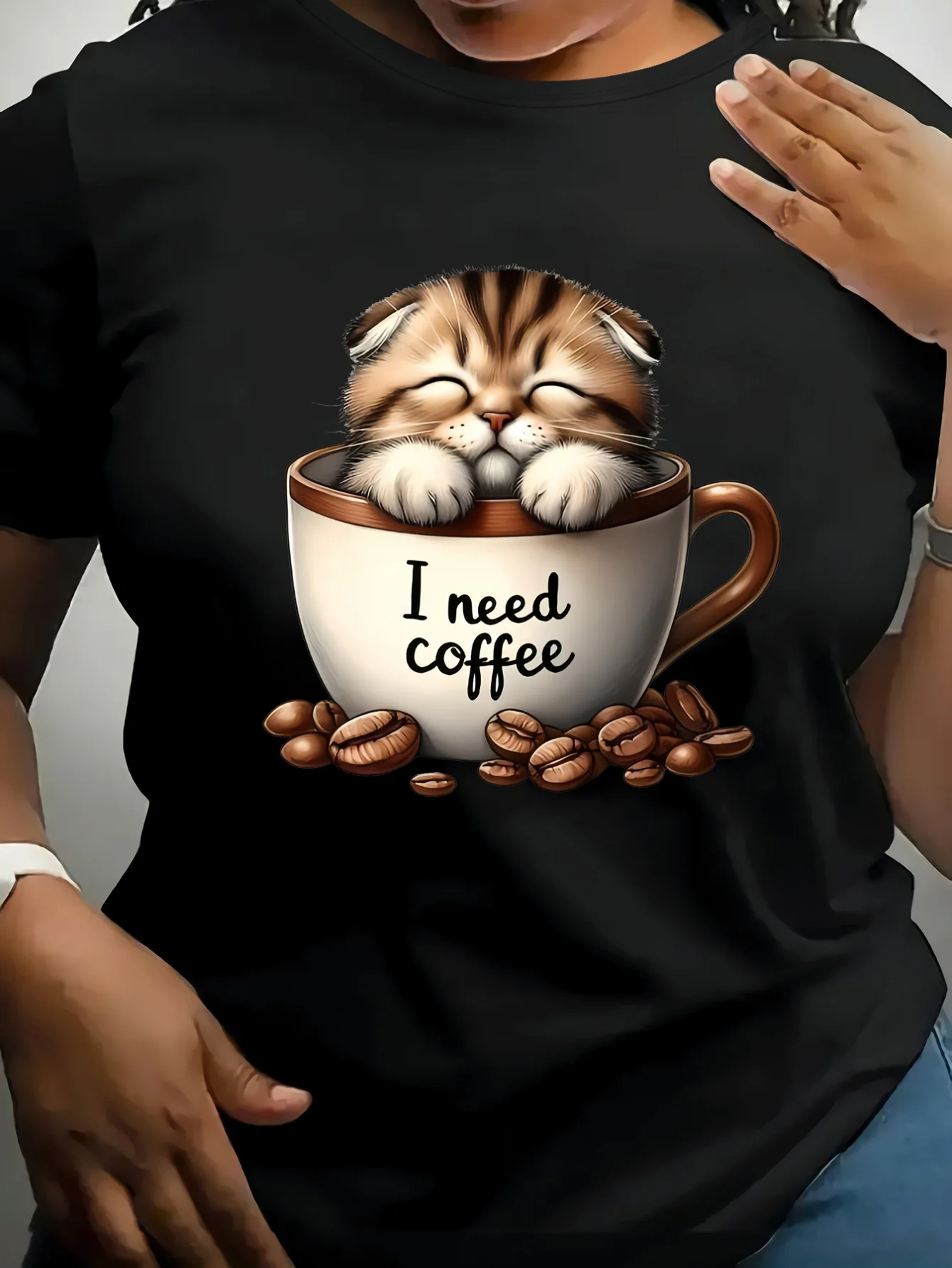 Women's Plus Size Short Sleeve T-Shirt Cute Kitten Coffee Graphic Print Harajuku Sleeve Clothing Street Tops Aesthetic Clothes