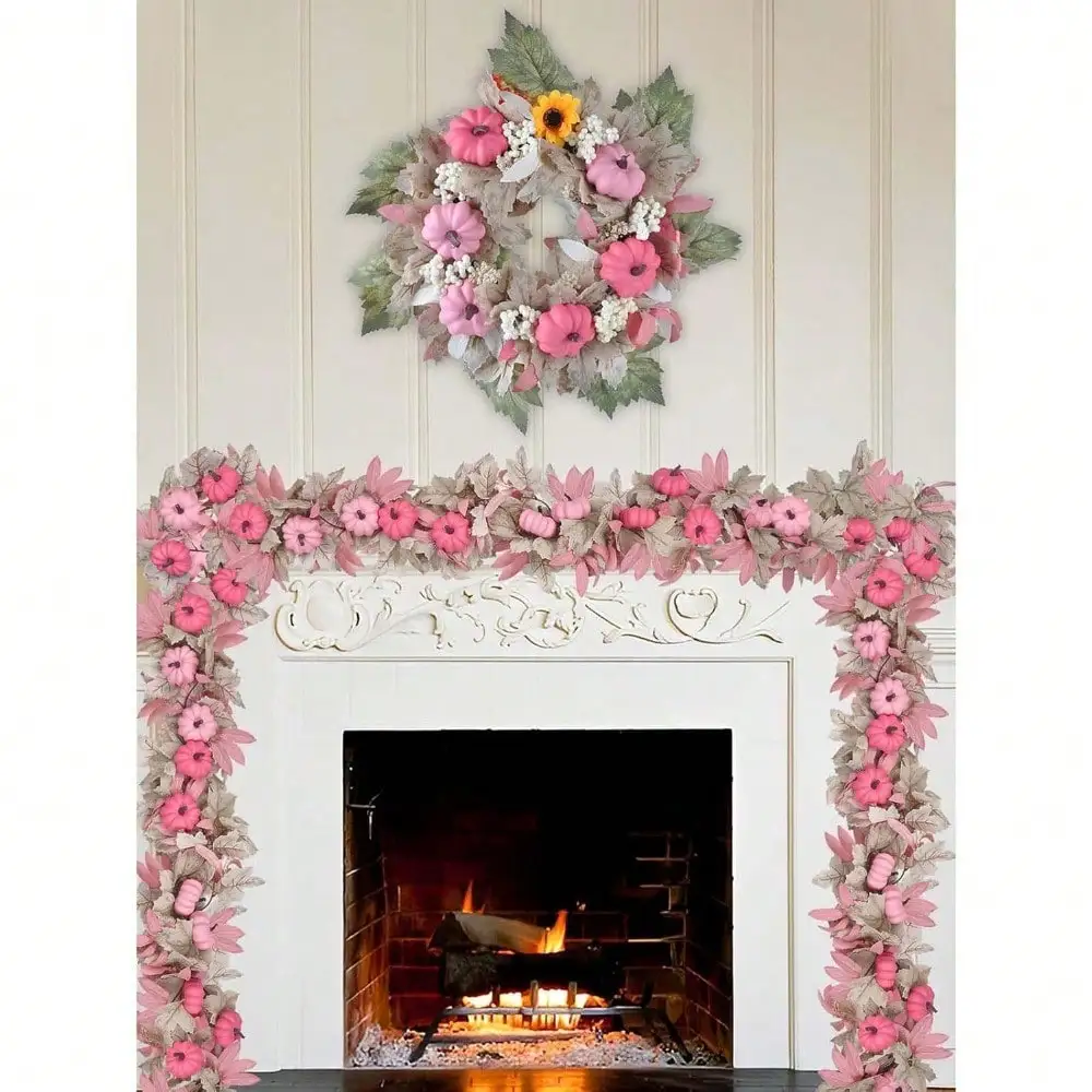Pink Pumpkin Garlands Halloween Decorations 5.6FT Artificial Maple Leaf Vines Hanging Garland Thanksgiving Fall Mantle Fireplace Decor (Pink, 68 Inches) - view 5