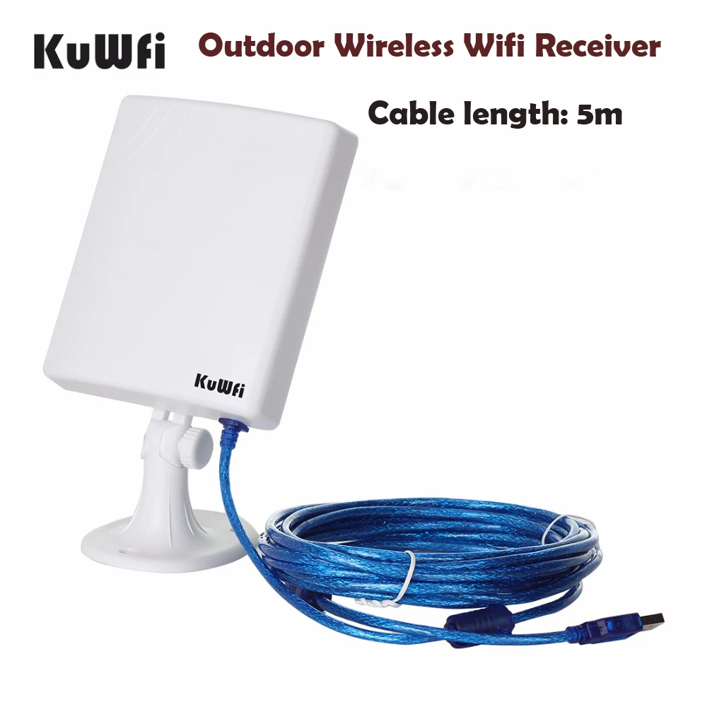 Kuwfi อะแดปเตอร์ Wi-Fi USB 150Mbps สำหรับพีซีตัวรับสัญญาณ Wi-Fi luar ruangan เสาอากาศ14dBi รับสัญญาณสูง5เมตรการ์ดเครือข่ายพลังงานสูงกันน้ำ