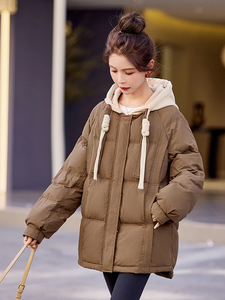 Short Puffer Coats Hooded Jackets for Women Korean Fashion Down Jacket Hat Tie Color Blocking Bread Clothe Casual Coats Down