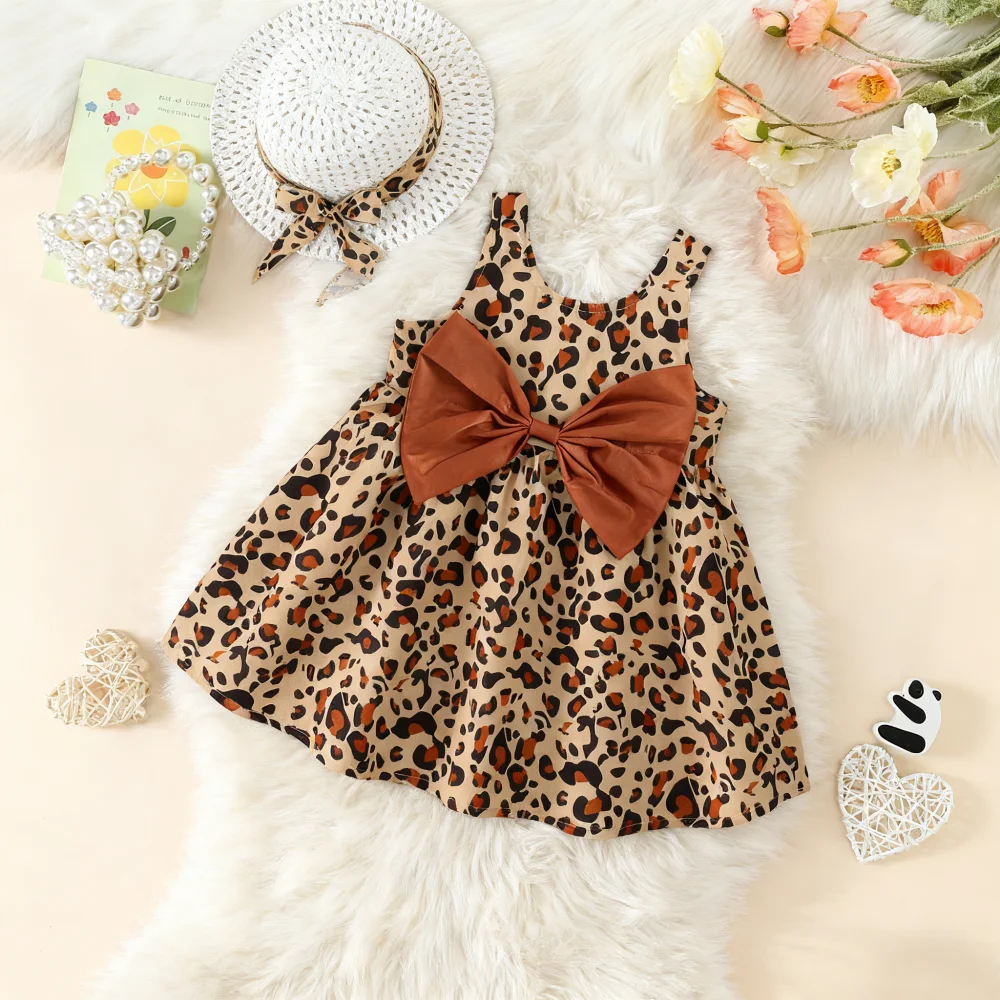 Baby Mädchen Kleid Sommer Schleife Leopardenmuster Baumwolle Hosenträger Mädchen Kleid Niedliches Baby Strandkleid mit Hut Baby Mädchen Kleidung