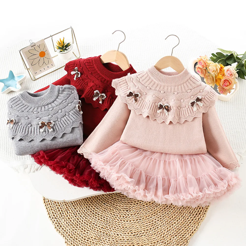 

Girls Dress Clothes Sets Spring Autumn Children Woolen Jersey Sweaters Tops Skirts Kids Princess Suit For Baby Cute Outfits Kids