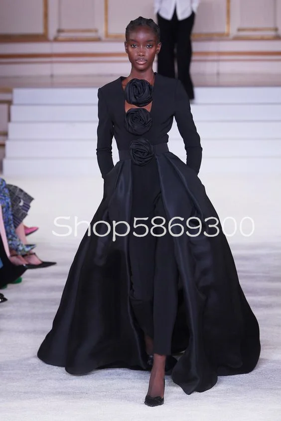 Zwarte jumpsuit met lange mouwen galajurk voor dames 3D bloemen op maat gemaakte Arabische kaftan avondjurk met verwijderbare rok op maat