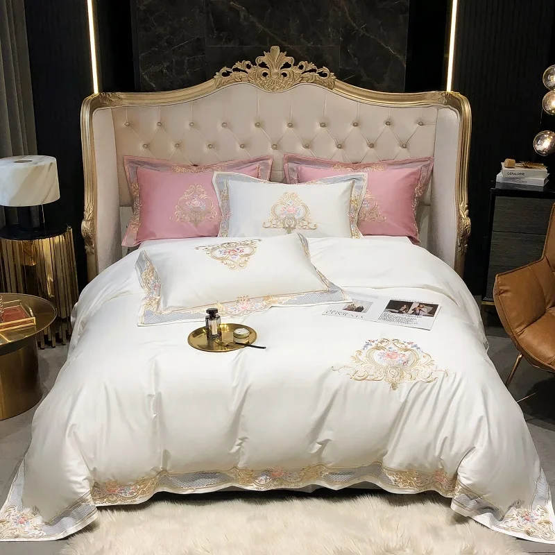 4Pcs Luxury Embroidery White Bedding Set 1000TC Egyptian Cotton Duvet Cover Set Bed Sheet/Fitted Sheet Pillowcases Home Textiles