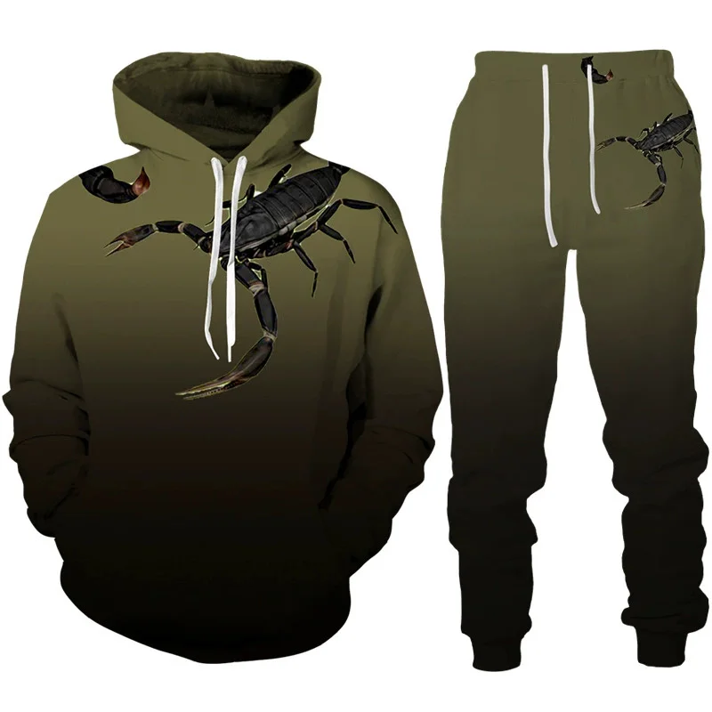 2025 Spring and Autumn Fashion New Cross border Foreign Trade Scorpion 3D Digital Printed Casual Men's Hooded Hoodie Set