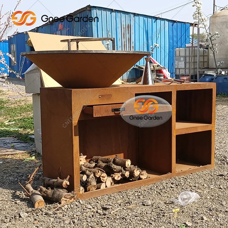 Modern Corten Steel BBQ Grill with Trolley-Weather Resistant Outdoor Fire Grill for Garden Use