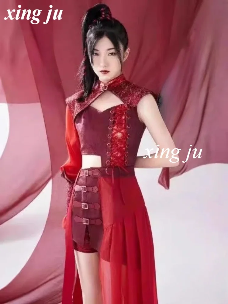 Vrouwelijke Sexy Jazzdanseres Kostuums Rode Lace-up Tops Onregelmatige Rok Vrouwen Groep Kpop Outfits Jazz Kleding Stage Performance Wear