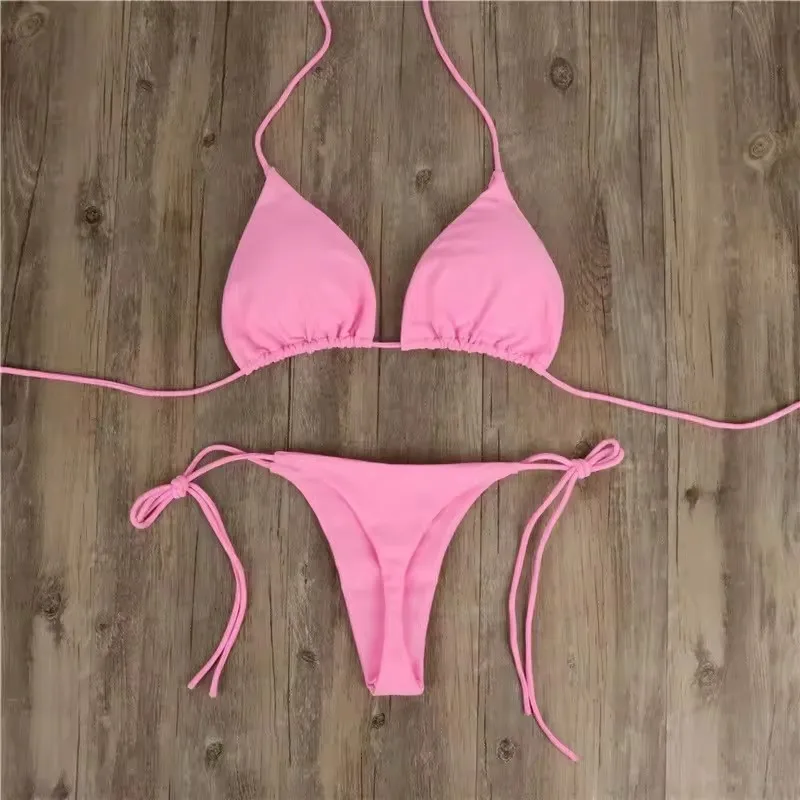 Women Tie Sexy Thong Bikini Set Side Swimsuit Bandage Style Brazilian Swimwear Split Strap Adjustable Solid Female Swimsuit Set