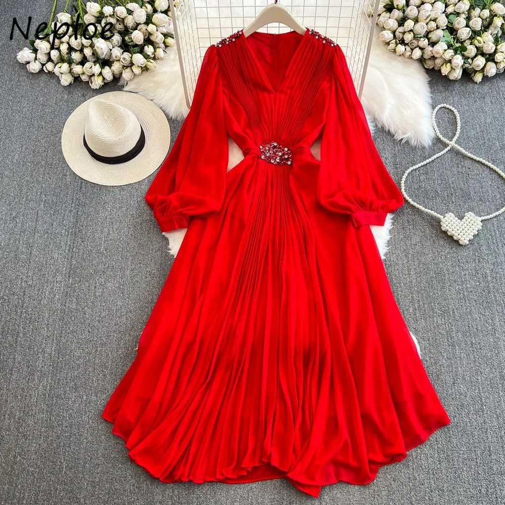 

Neploe Elegant Holidays Classics French Style Ropa Mujer V Neck Lantern Sleeve Chiffon Slim Waist Robe Pleated Big Swing Dress