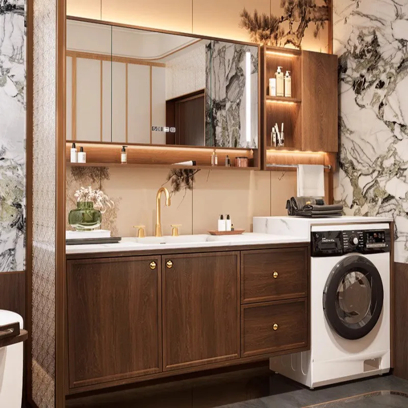 

Шкаф для ванной на балконе, встроенный шкаф для стиральной машины, тумба с бесшовной керамической раковиной из каменной плиты.