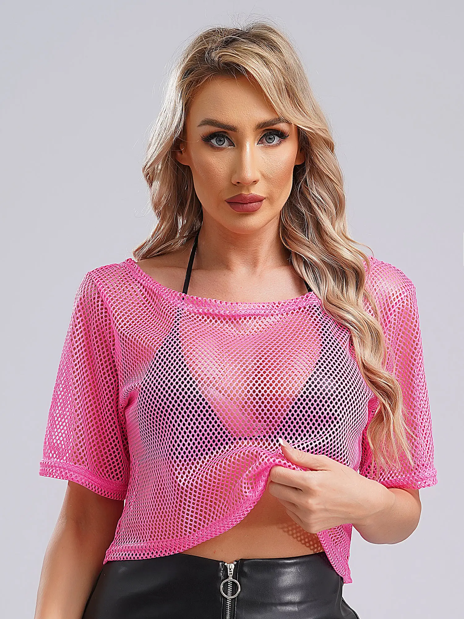 Women Neon 80s Disco Fishnet T-shirt Round Neck Short Sleeve Hollow Out Mesh Crop Top Camisole Cover-up for Dancing Party