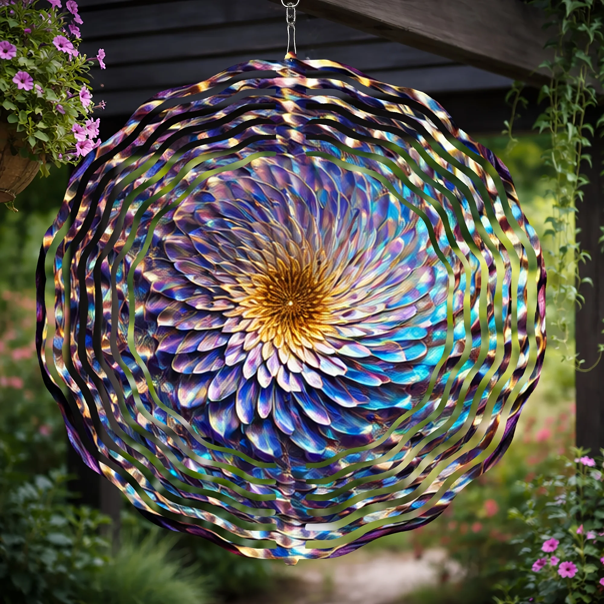 Kicko Art Abstrakter Blumen-Windspinner, 360 °   Rotierende Metall-Gartendekoration mit Blau-Lila-Gold-Gelb Spiraldesign für den Außenbereich